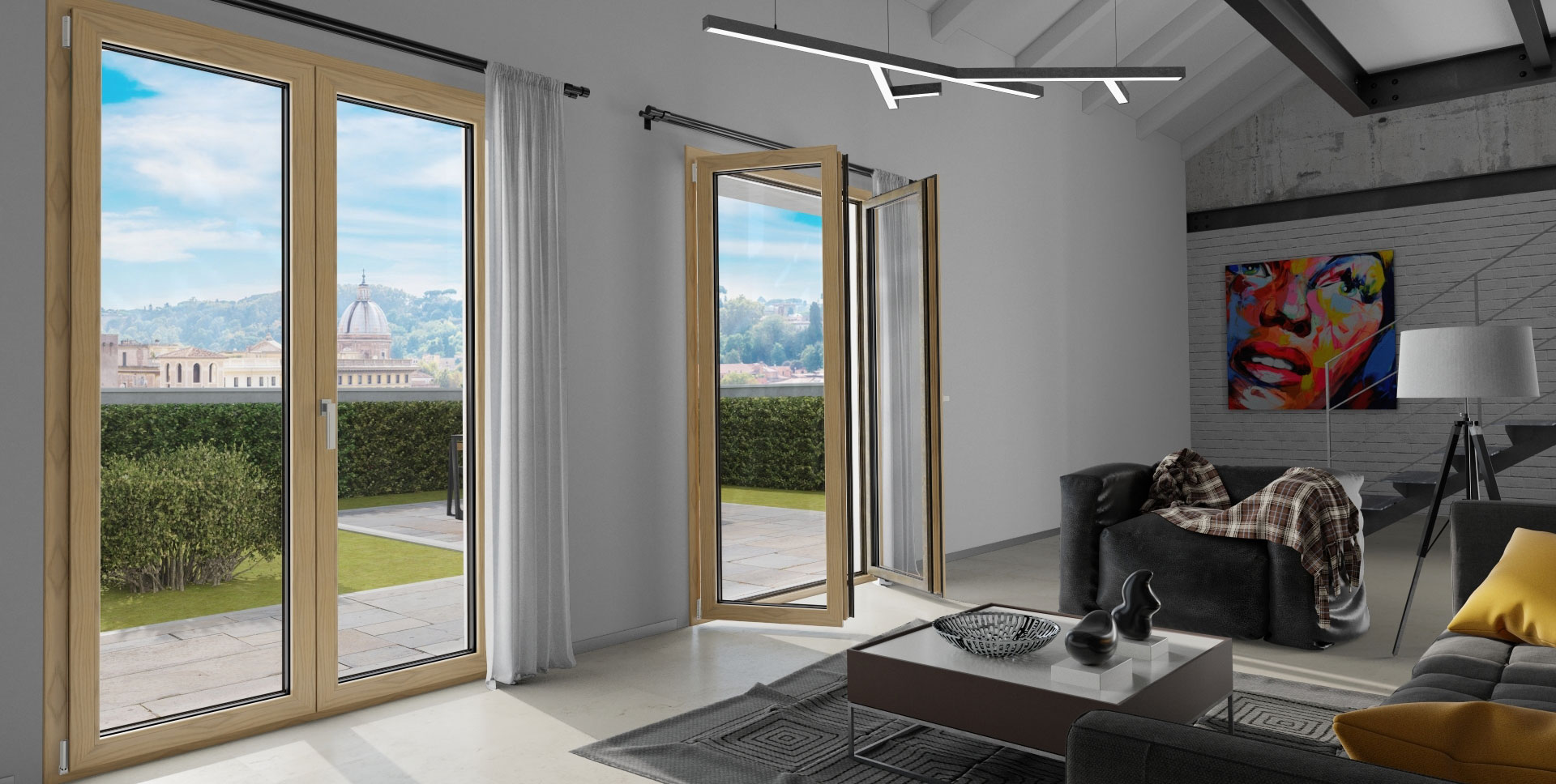 výhľad z prekrásnej modernej obývačky na terasu cez drevohliníkové okná mima PW 93 WOOD od Milan Magula - Mima