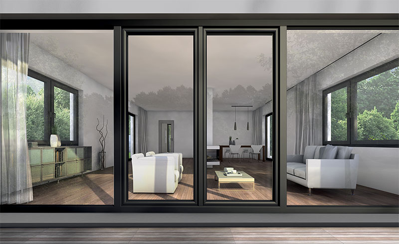 pohľad z terasy do obývačky cez prekrásne plastové balkónové dvojkrídlové dvere Mima Prestige MD Oblé v čiernej farbe od výrobcu okien Milan Magula - Mima